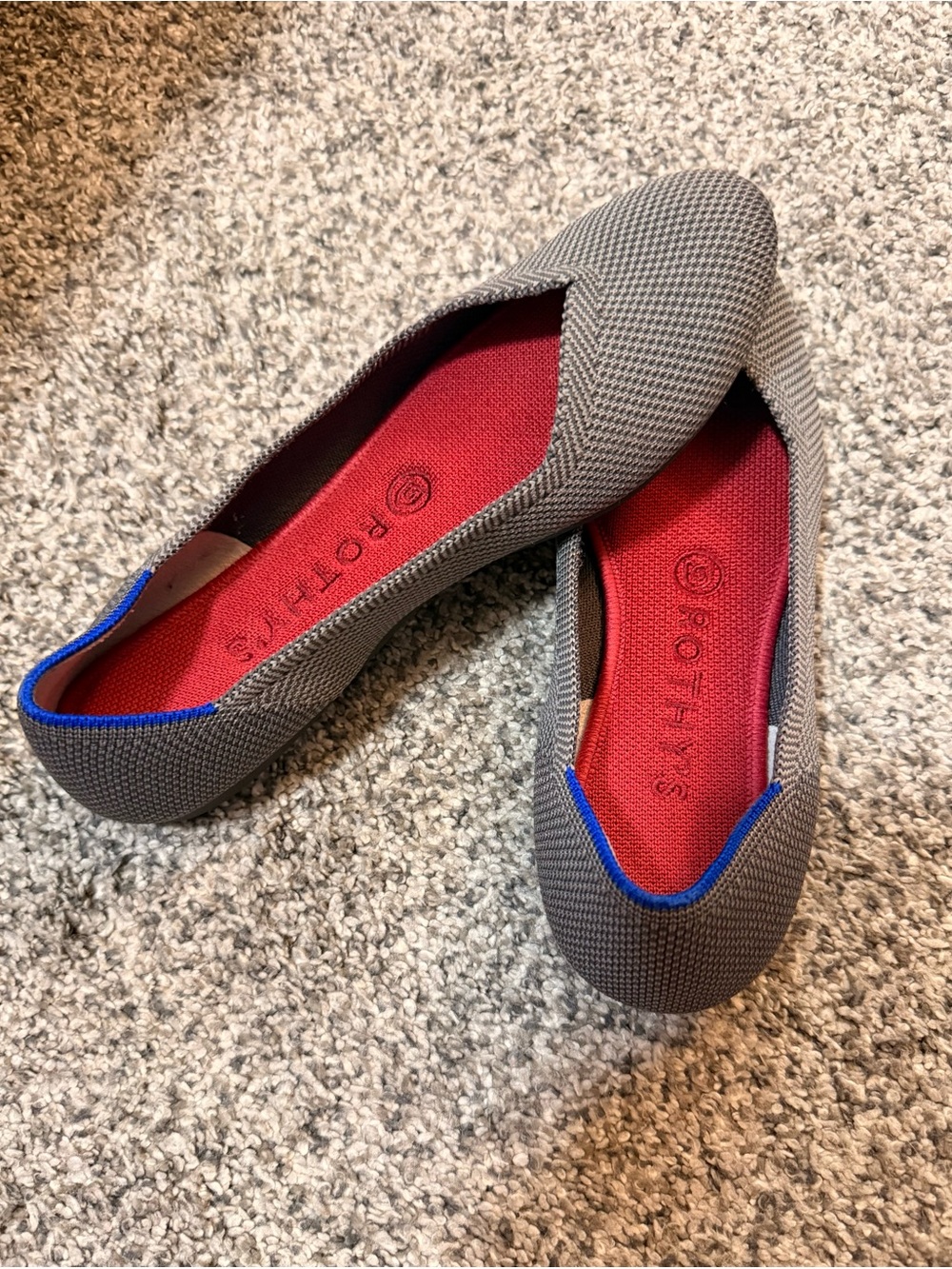 Rothy's Gray Knit Ballet Flats with Red Insole and Blue Trim